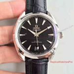 Swiss Copy Omega Seamaster Stainless Steel Black Dial Black Leather Band Watch